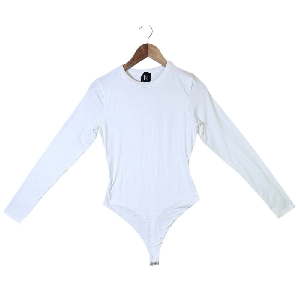 Naked Wardrobe White Long Sleeve Crew Neck Thong Bodysuit - Size L